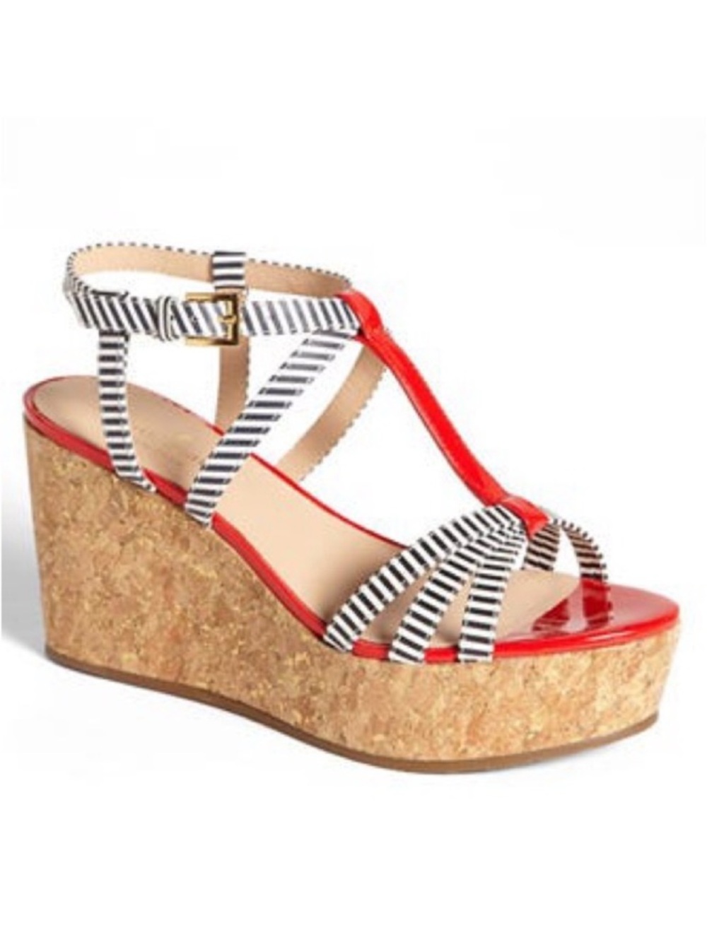 ✨ Kate Spade New York Wedge Platform Sandals Red Nautical Stripe T-Strap Sz 10.5